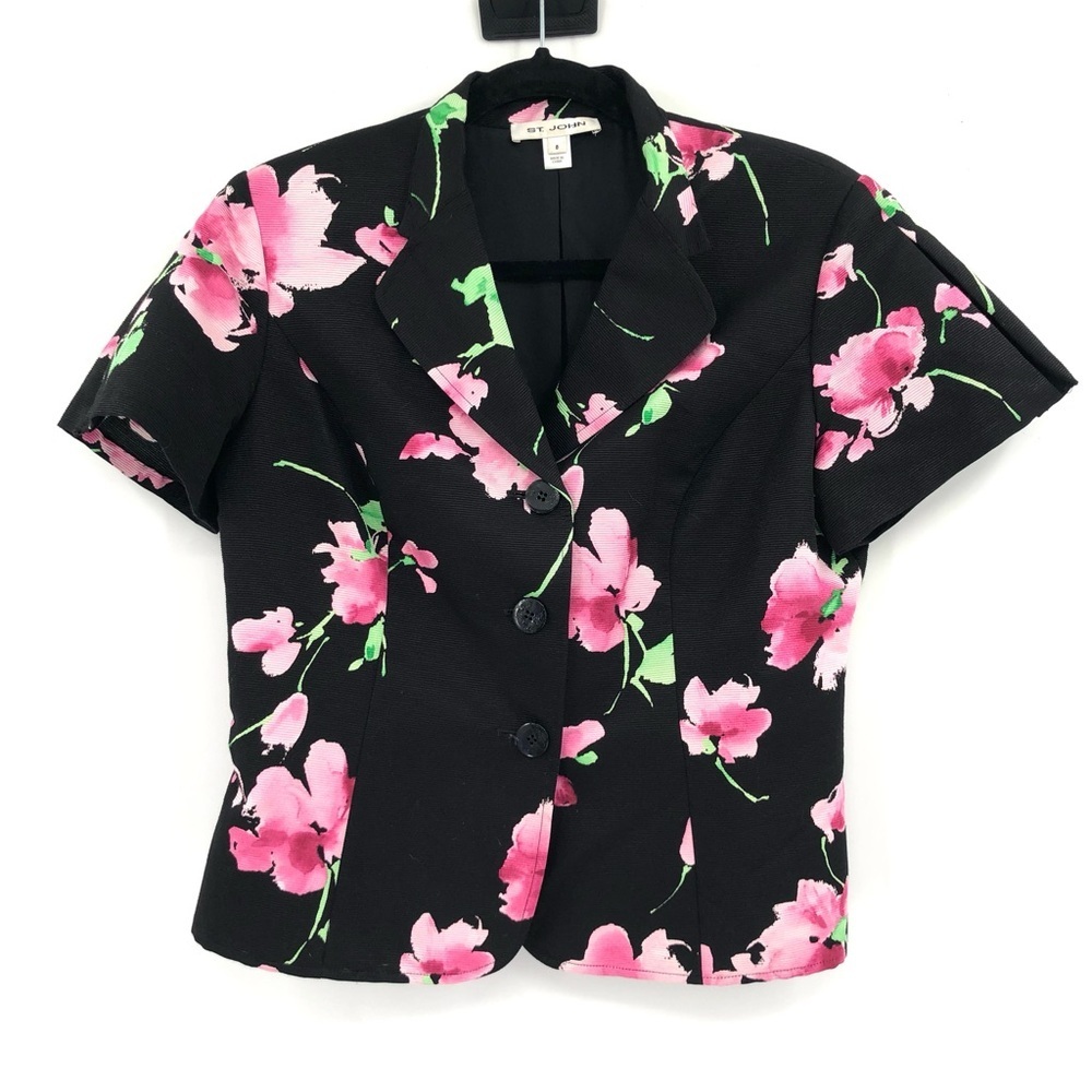 ST. JOHN Short Sleeve Blazer Jacket Black Pink Floral 8 Cotton Silk Y2K 00s 2000